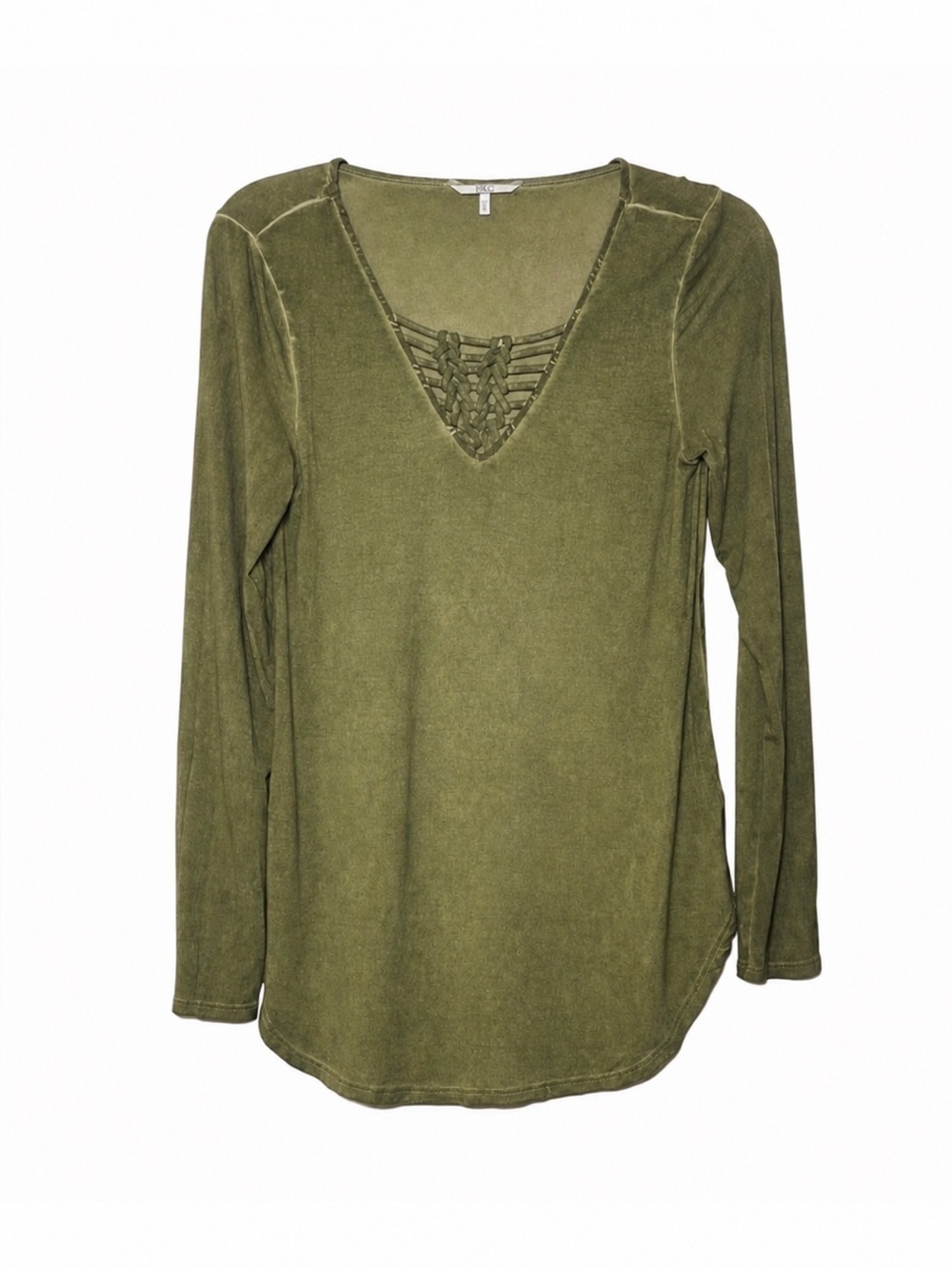 BKE Olive Green Long-Sleeve Crochet V-Neck Curved Hemline Top Size Small